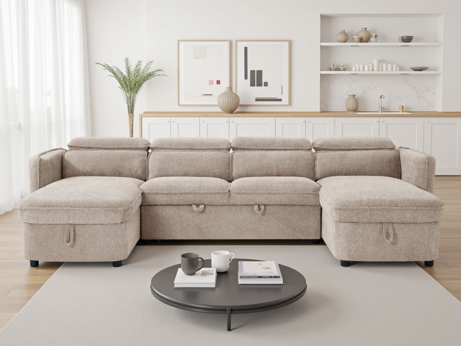 Beige Fabric Large U Shape Corner Chaise Sofa Bed