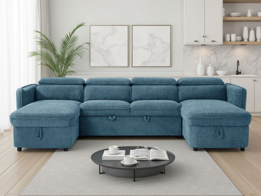 Blue Fabric Large U Shape Corner Sofa Bed