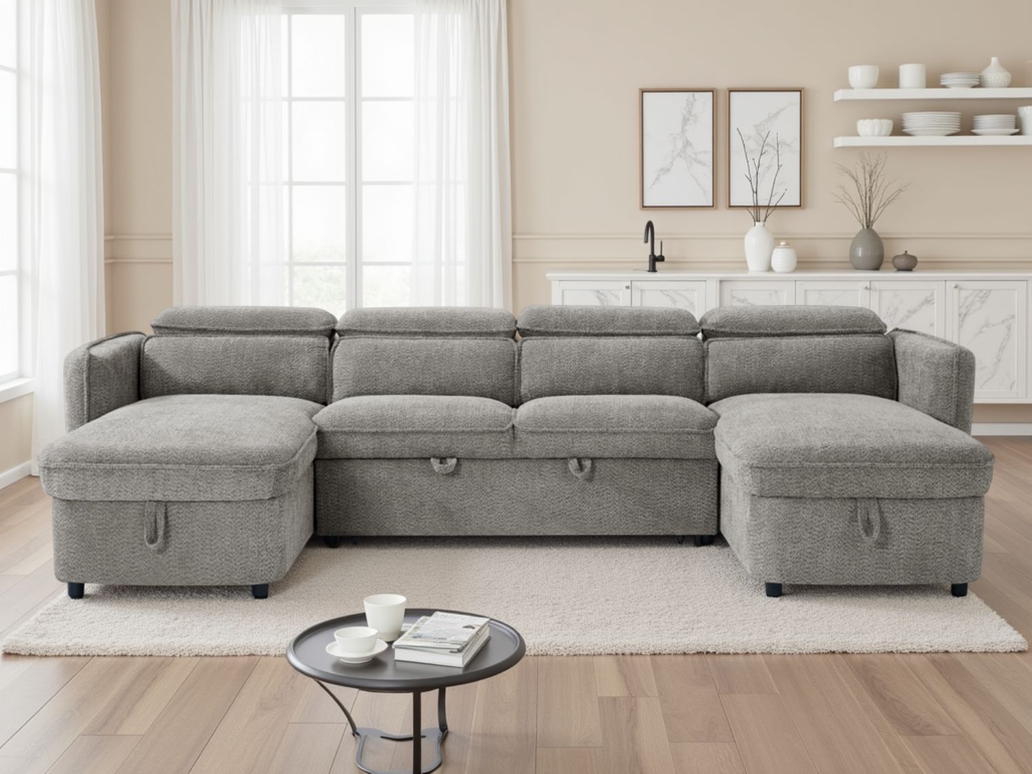 Grey Textured Fabric Large U Shape Corner Sofa Bed
