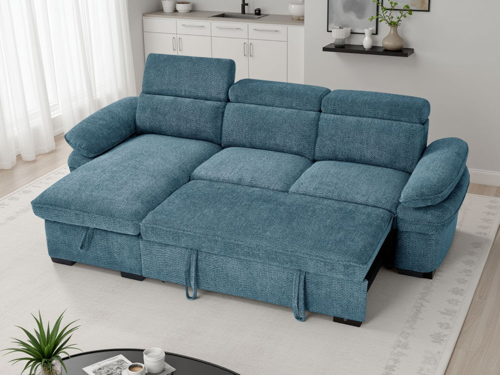 Blue Textured Fabric Corner Chaise Sofa Bed Adjustable Arms