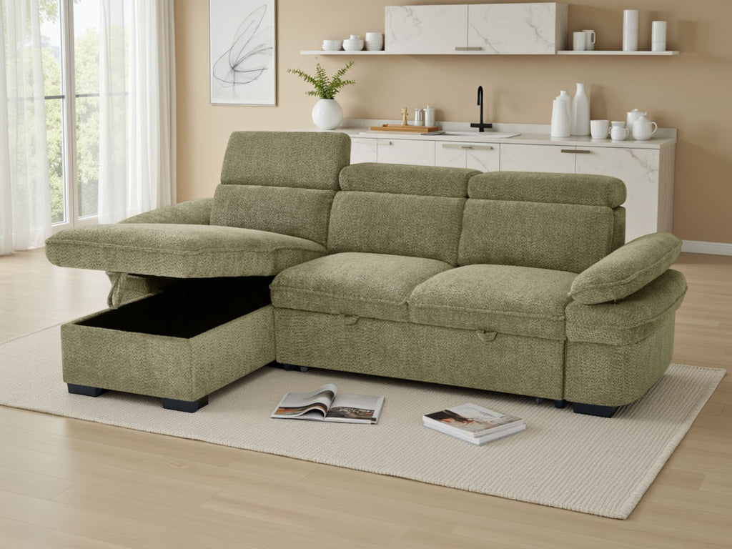 Green Fabric Universal Corner Sofabed with Adjustable Arms