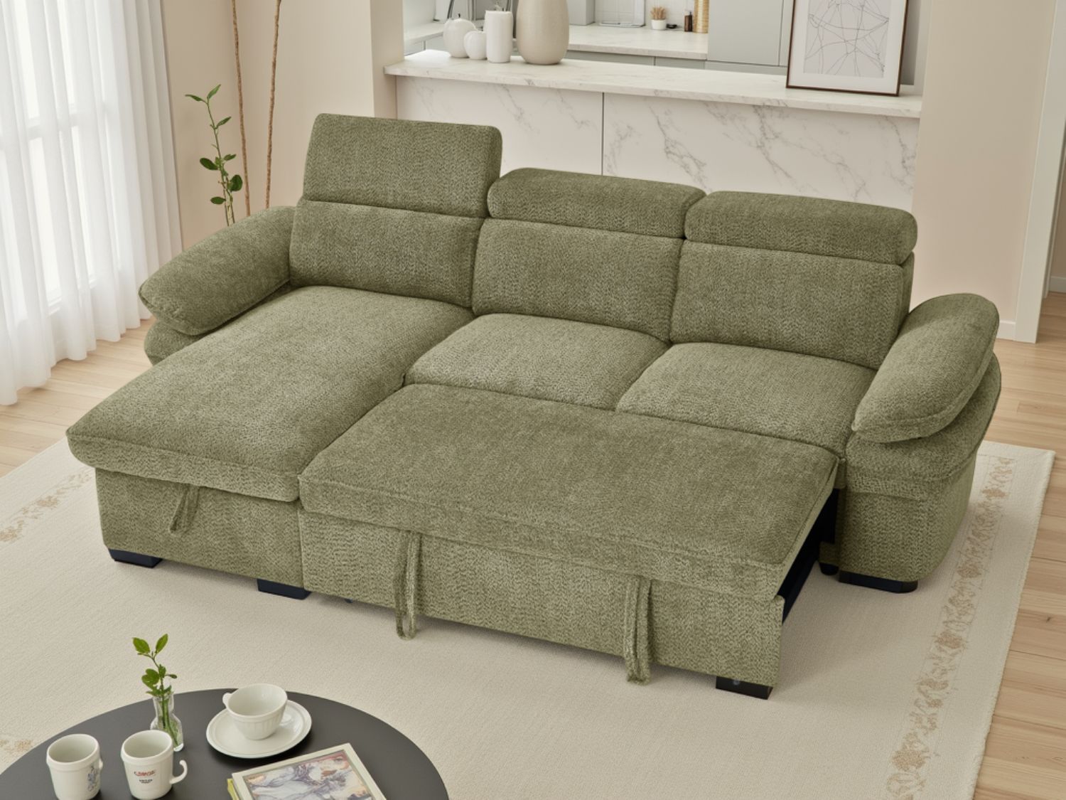 Green Fabric Universal Corner Sofabed with Adjustable Arms