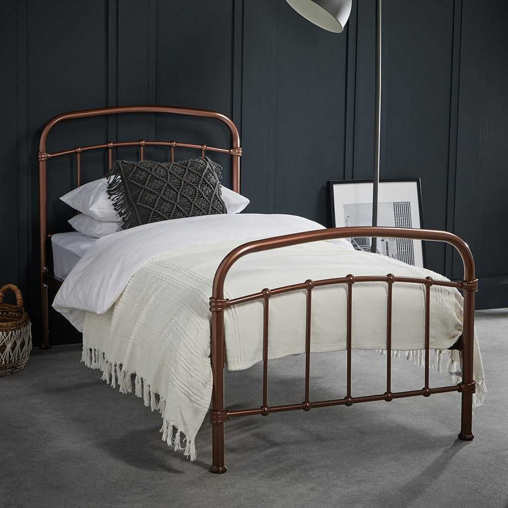 Industrial Copper Painted Metal 3ft Single Bed Frame with Curved Rails