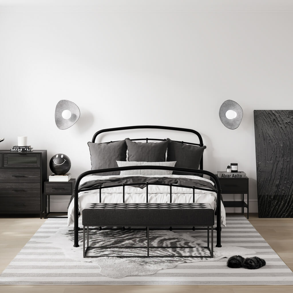 Black Metal 4ft6 Double Bed Frame with Curved Headboard