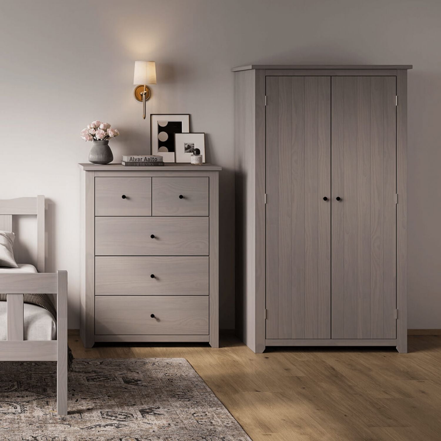 Modern Grey 2 Door Double Wardrobe with Hanging Rail and Shelf