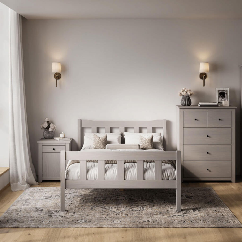 Modern Grey Solid Pine 5ft King Size Bed with Slatted Headboard