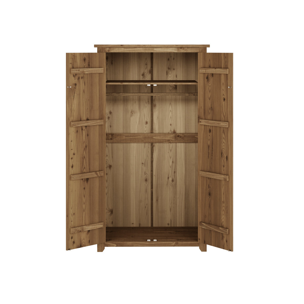 Natural Pine Wax Finish 2 Door Double Wardrobe with Hanging Rail and Shelf