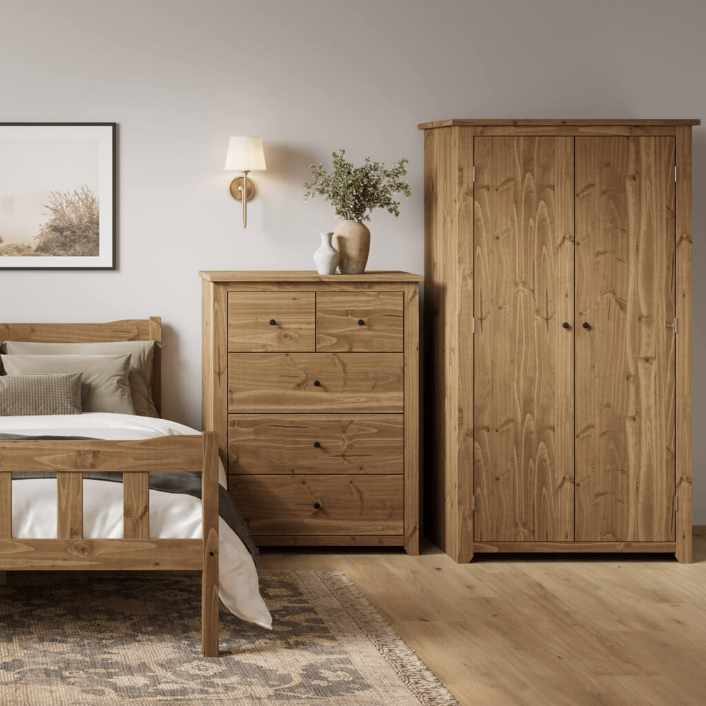 Natural Pine Wax Finish 2 Door Double Wardrobe with Hanging Rail and Shelf