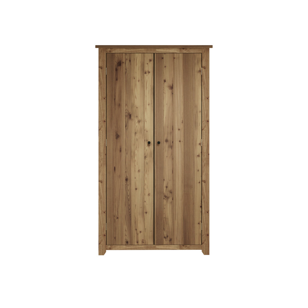 Natural Pine Wax Finish 2 Door Double Wardrobe with Hanging Rail and Shelf