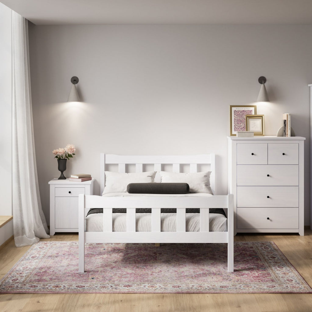 Modern White Solid Pine 5ft King Size Bed with Slatted Headboard
