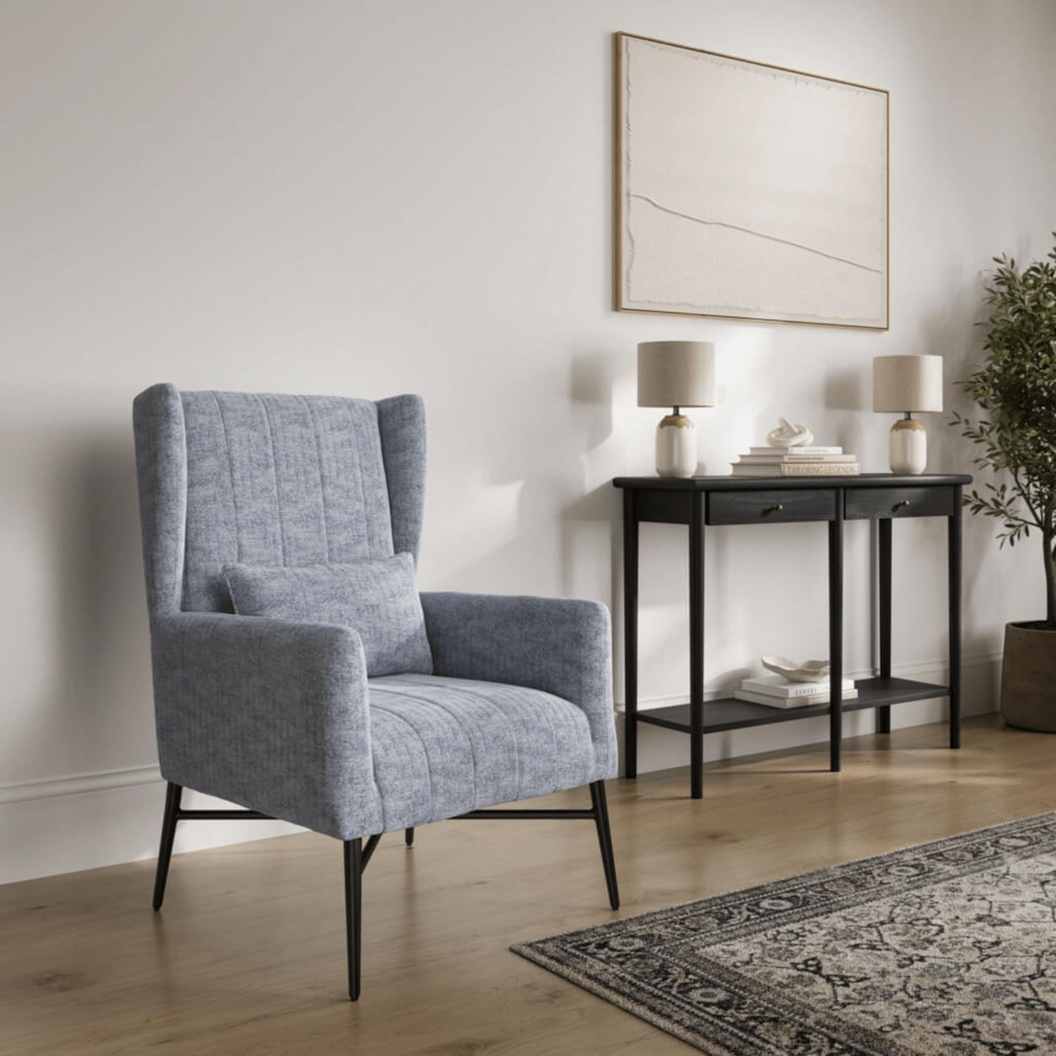 Navy Herringbone Twill Upholstered High Back Accent Chair