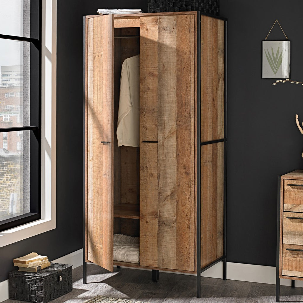 Two Door Wardrobe in Wood Effect with Hanging Rail and Shelf
