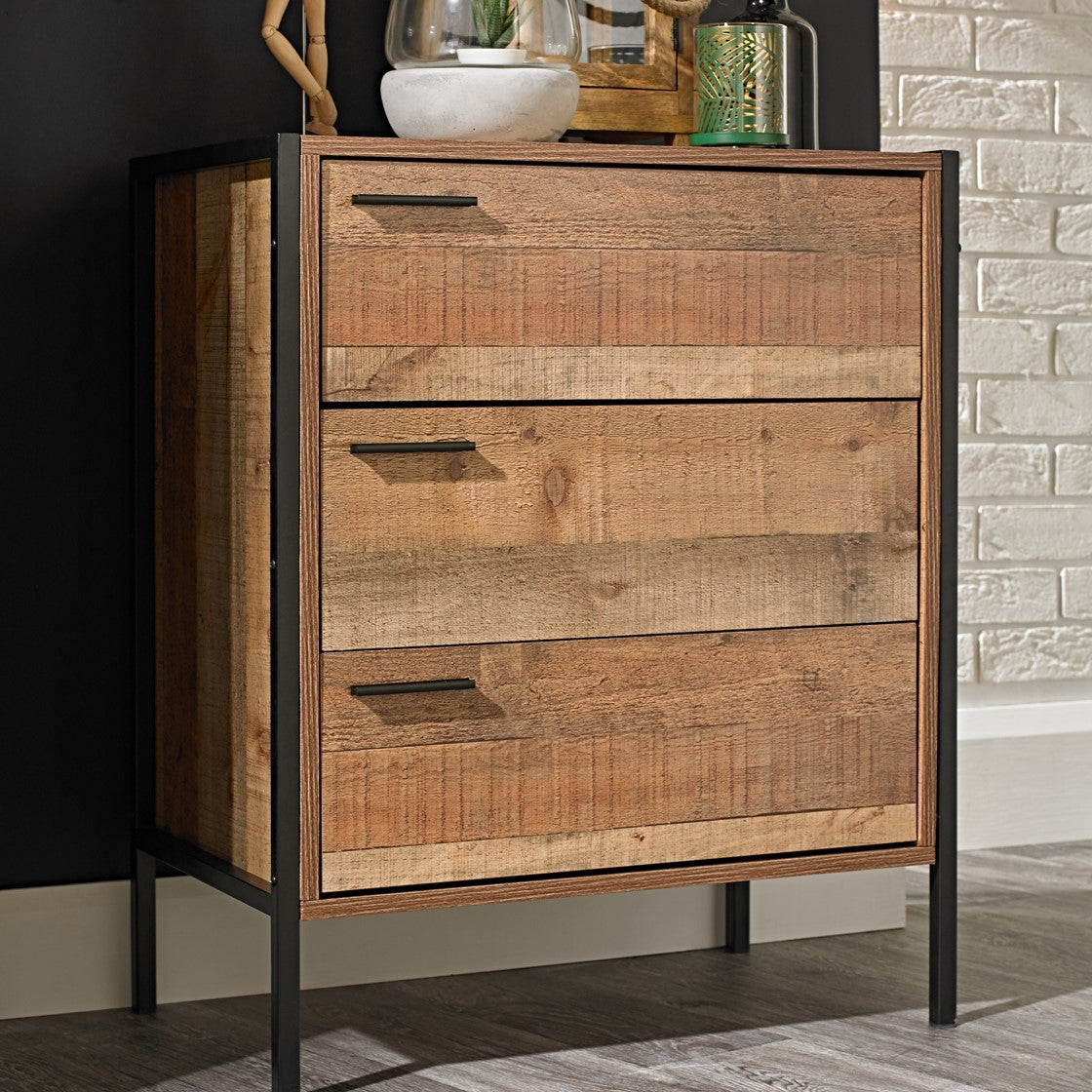3 Drawer Chest in Wood Effect with Black Metal Handles