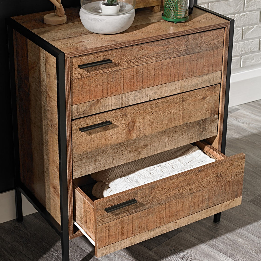 3 Drawer Chest in Wood Effect with Black Metal Handles