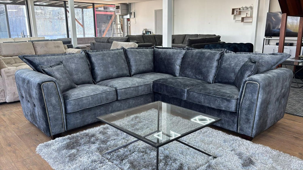 Black Velvet Effect Fabric Large Corner Sofa Metal Trim Arms