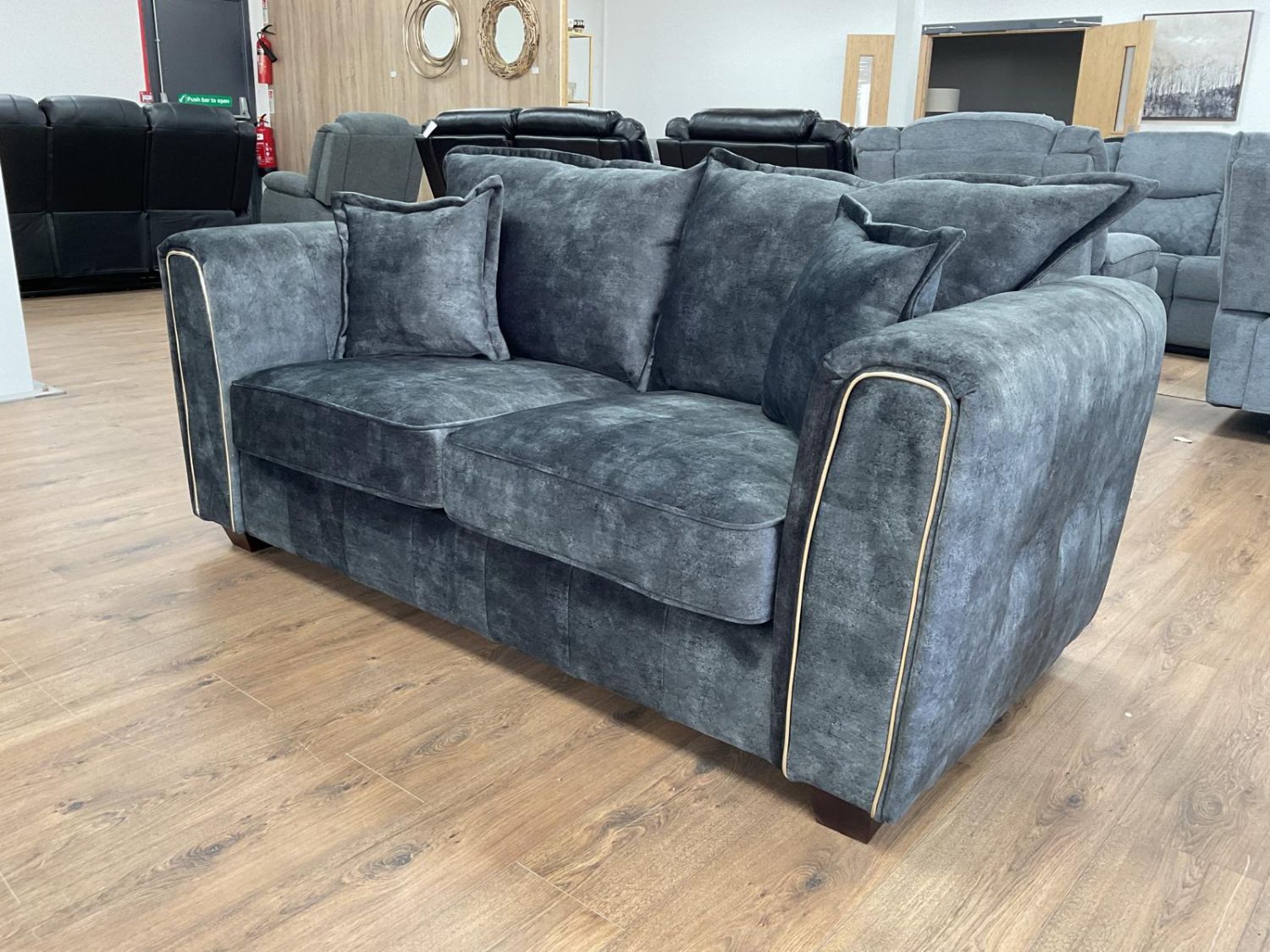 Charcoal Black Velvet Fabric 2 Seater Sofa Metal Trim Arms