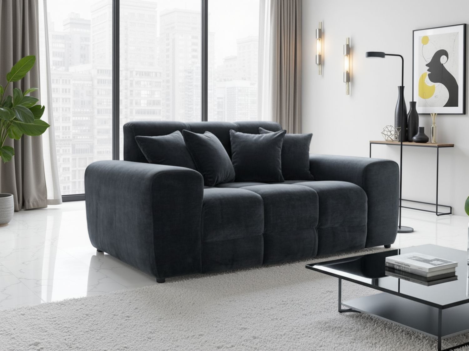 Black Fabric 2 Seater Sofa with Scatter Cushions