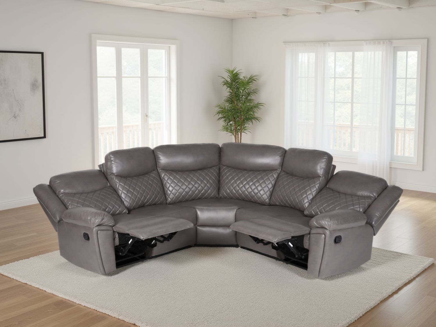 Grey Leather Effect Large Manual Recliner Corner Sofa