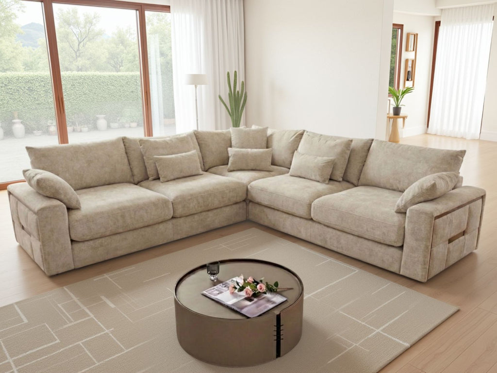 Beige Fabric Large Corner Group Sofa with Deep Seating