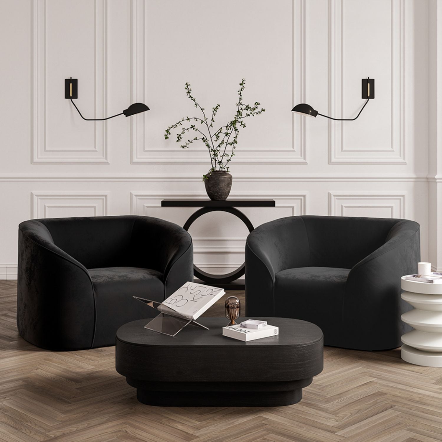 Modern Oval Black Coffee Table with Wood Grain Finish