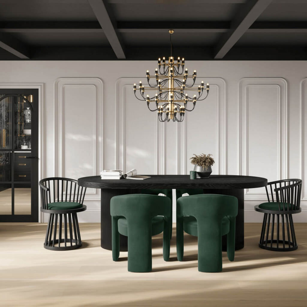Modern Curved Spindle Forest Green Dining Chair with Velvet Seat
