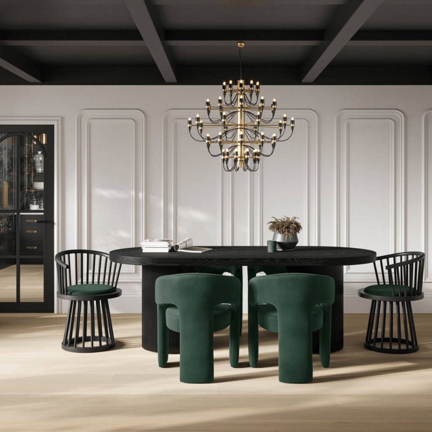 Modern Curved Spindle Forest Green Dining Chair with Velvet Seat