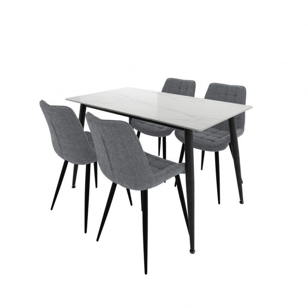 Marble Effect 4 Seater Rectangular Dining Set with Grey Chenille Chairs