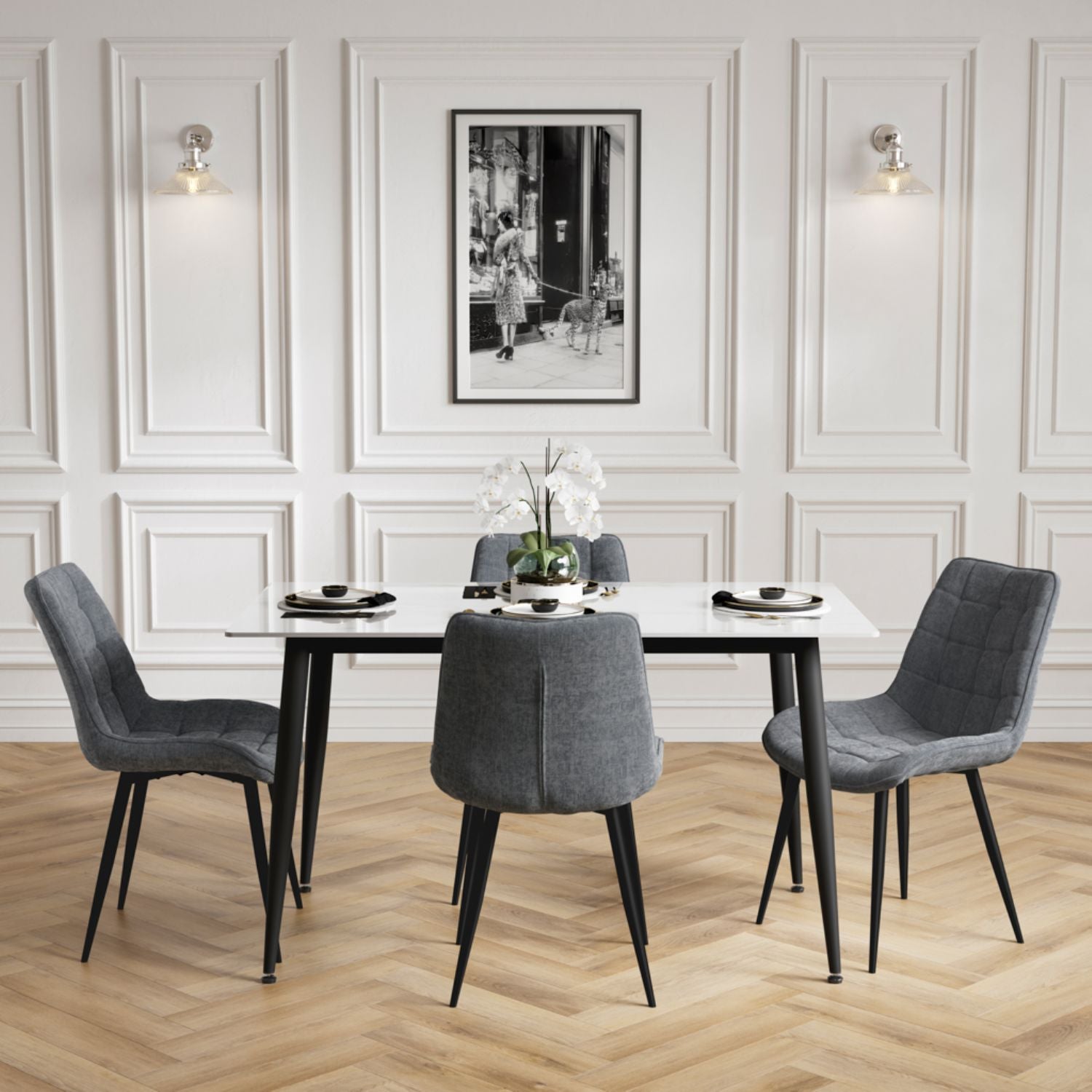Marble Effect 4 Seater Rectangular Dining Set with Grey Chenille Chairs