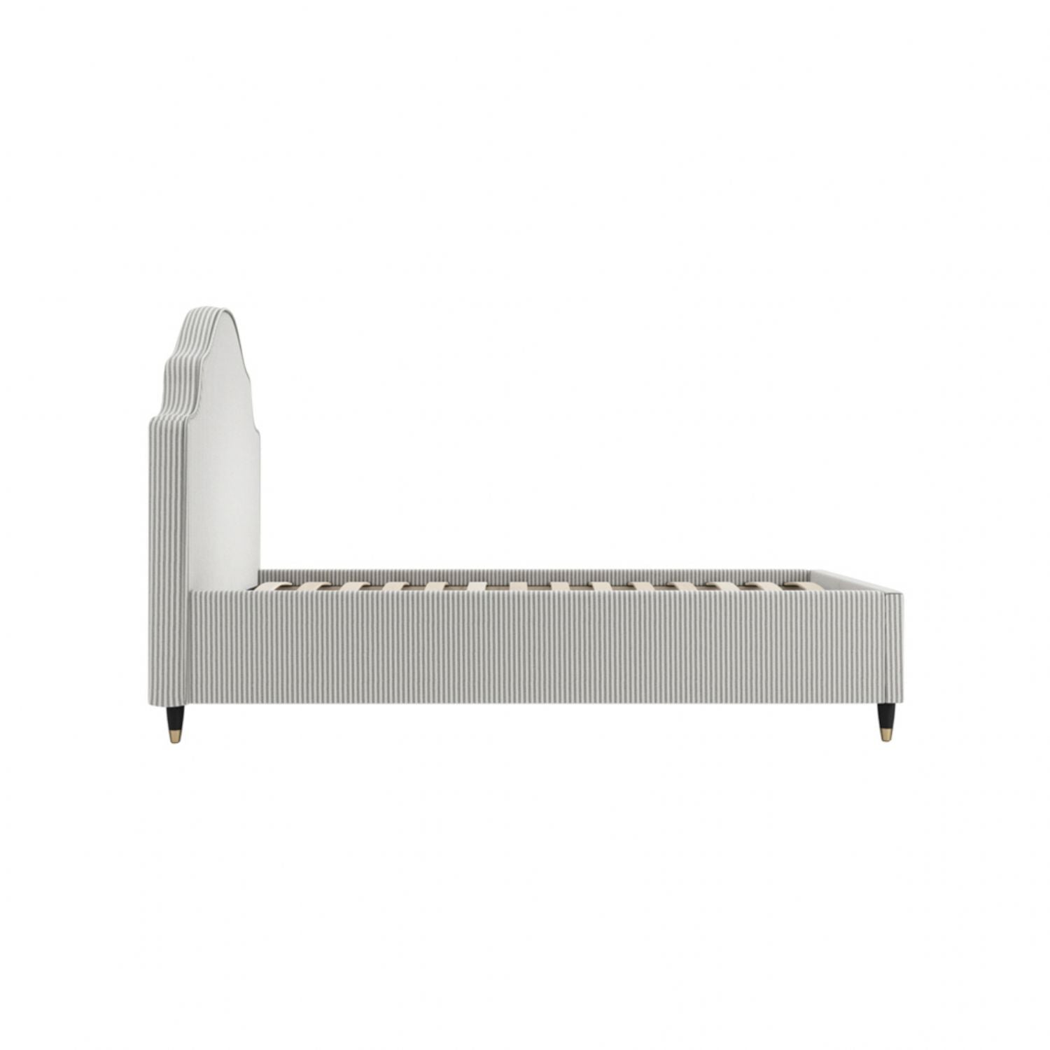 Vintage Grey Stripe Linen Fabric Upholstered 3ft Single Bed with Scalloped Headboard