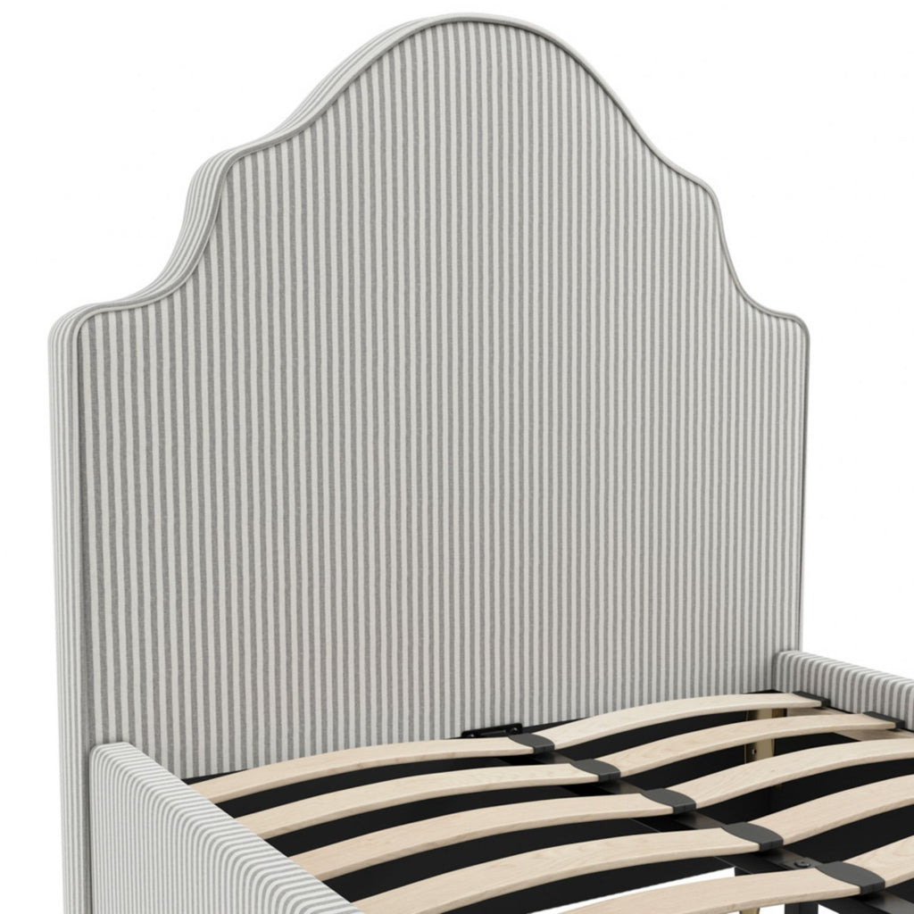 Vintage Grey Stripe Linen Fabric Upholstered 3ft Single Bed with Scalloped Headboard