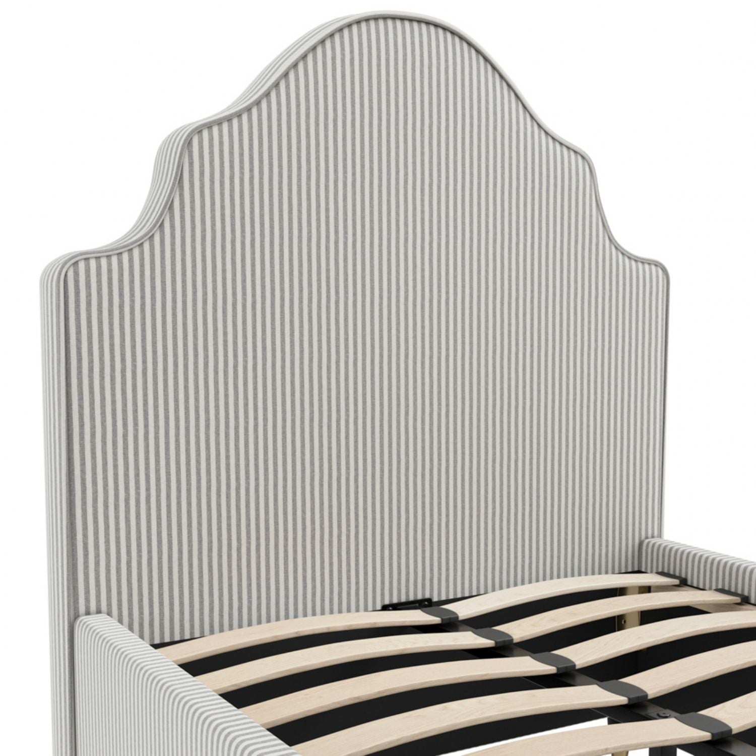 Vintage Grey Stripe Linen Fabric Upholstered 3ft Single Bed with Scalloped Headboard