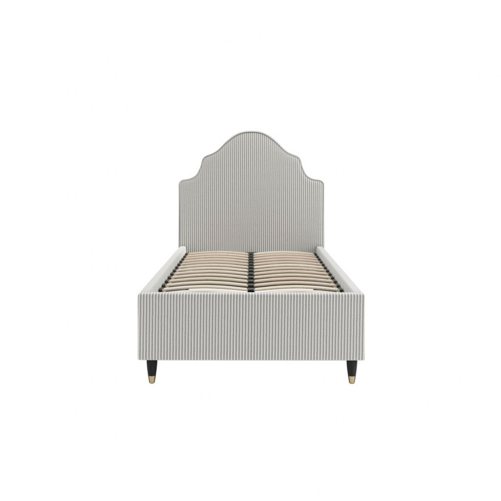 Vintage Grey Stripe Linen Fabric Upholstered 3ft Single Bed with Scalloped Headboard