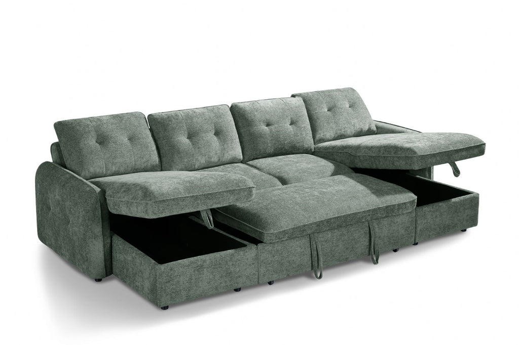 Green Textured Fabric Large U Shape Corner Chaise Sofa Bed