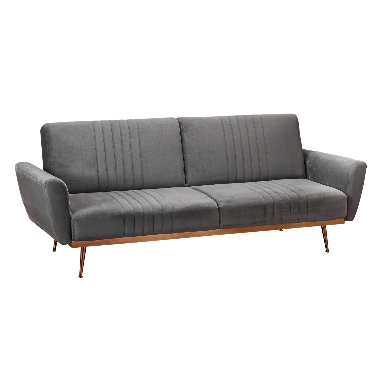 Grey Velvet Upholstered 3 Seater Sofa Bed with Gold Legs and Curved Armrests