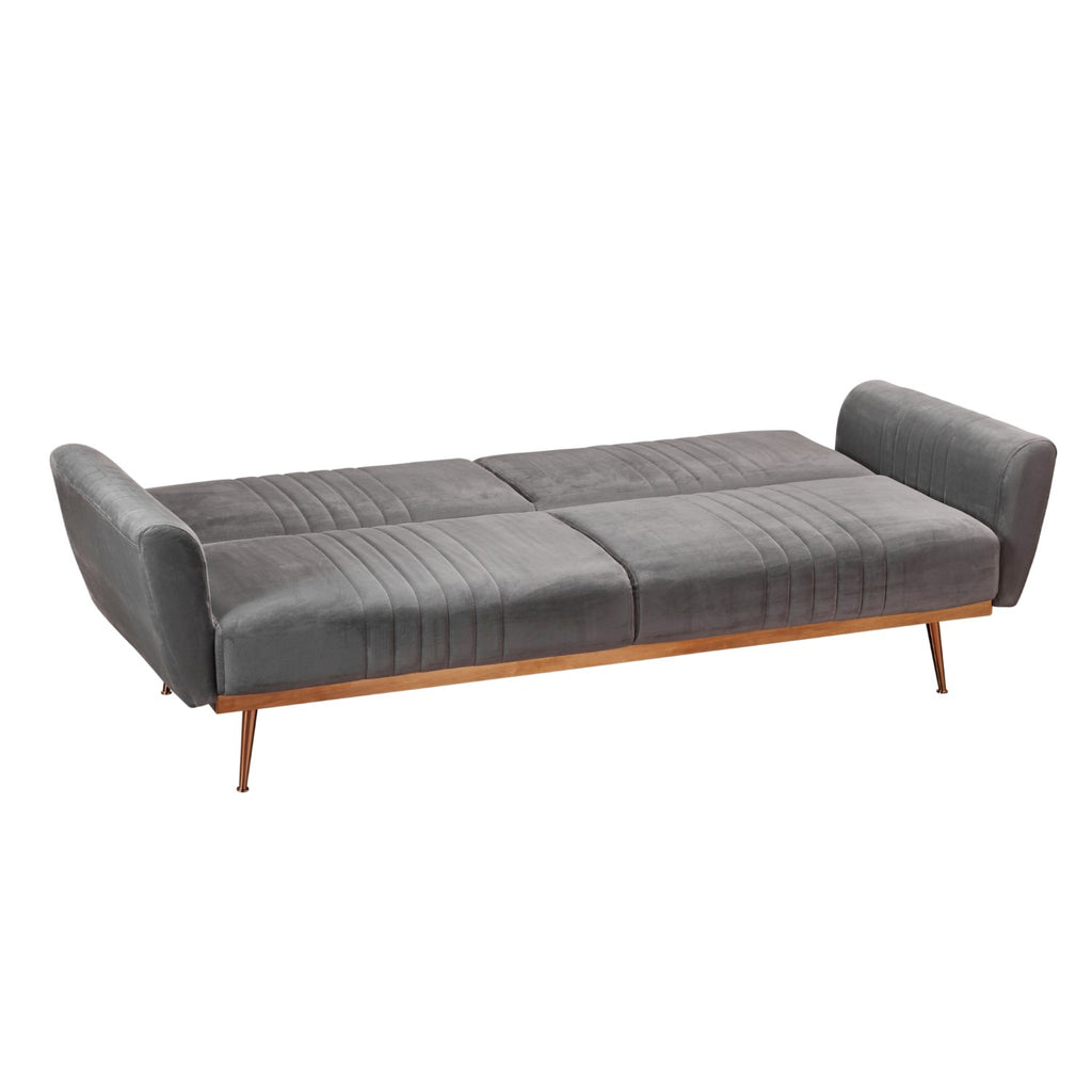Grey Velvet Upholstered 3 Seater Sofa Bed with Gold Legs and Curved Armrests