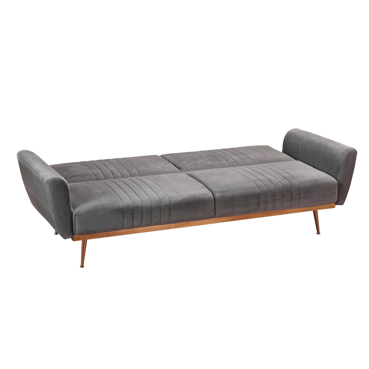 Grey Velvet Upholstered 3 Seater Sofa Bed with Gold Legs and Curved Armrests