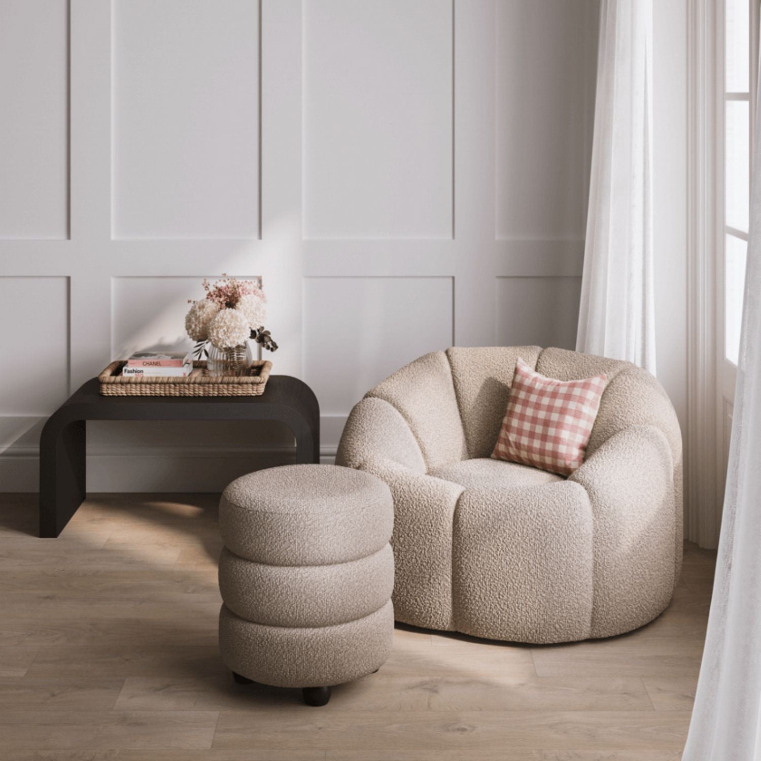 Retro Curved Buff Boucle Upholstered Swivel Accent Chair