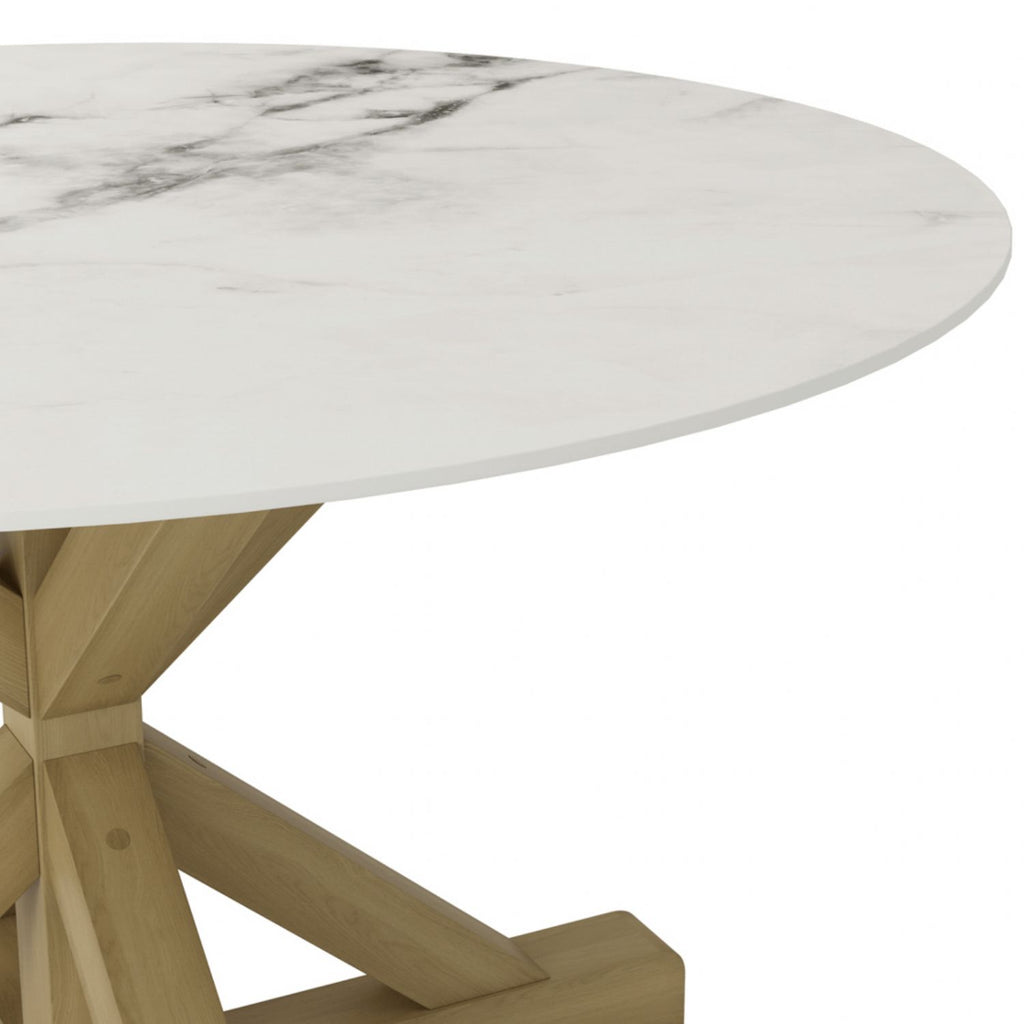 Round Marble Effect Stone Top Dining Table with Latte Legs