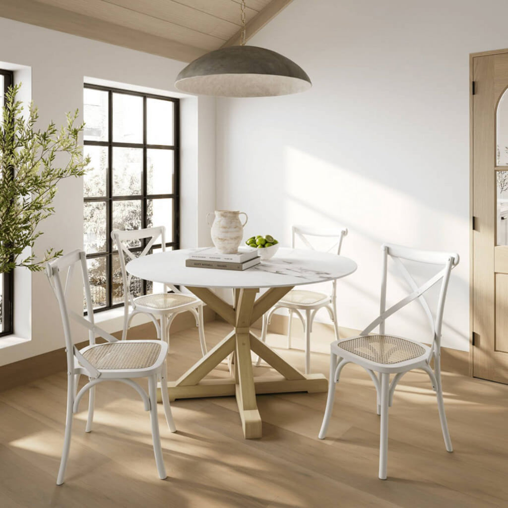 Round Marble Effect Stone Top Dining Table with Latte Legs