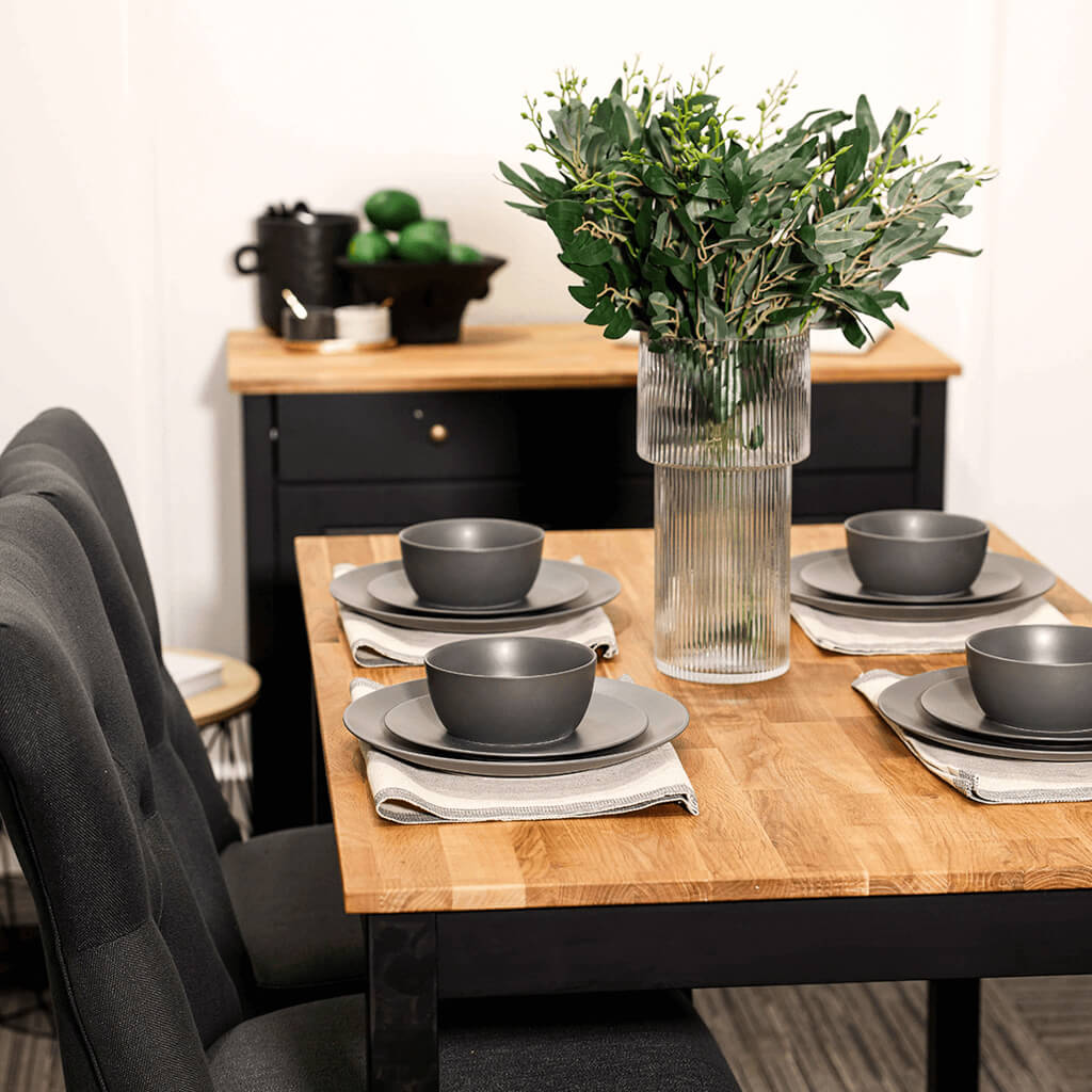 Grey Linen Upholstered Dining Chair with Oak Wood Legs