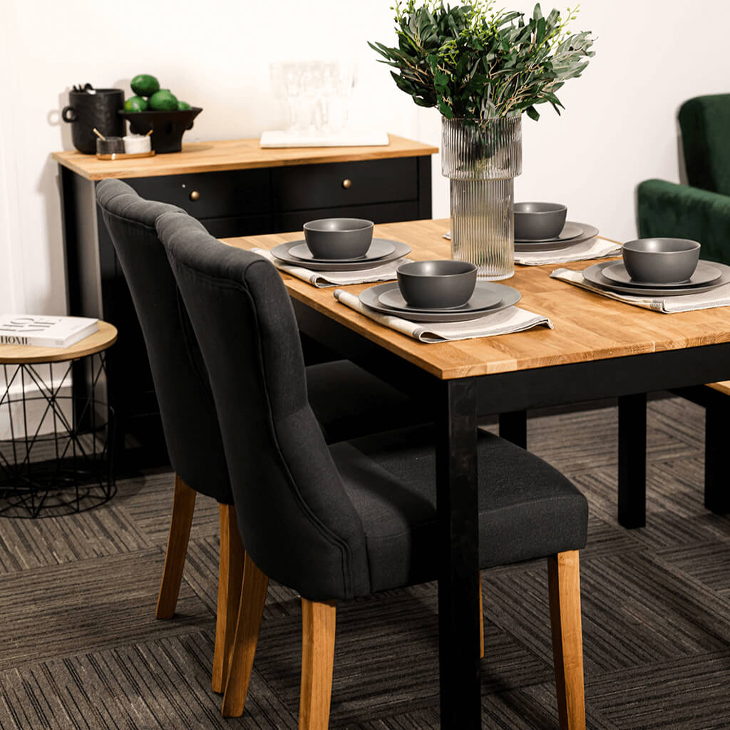 Grey Linen Upholstered Dining Chair with Oak Wood Legs