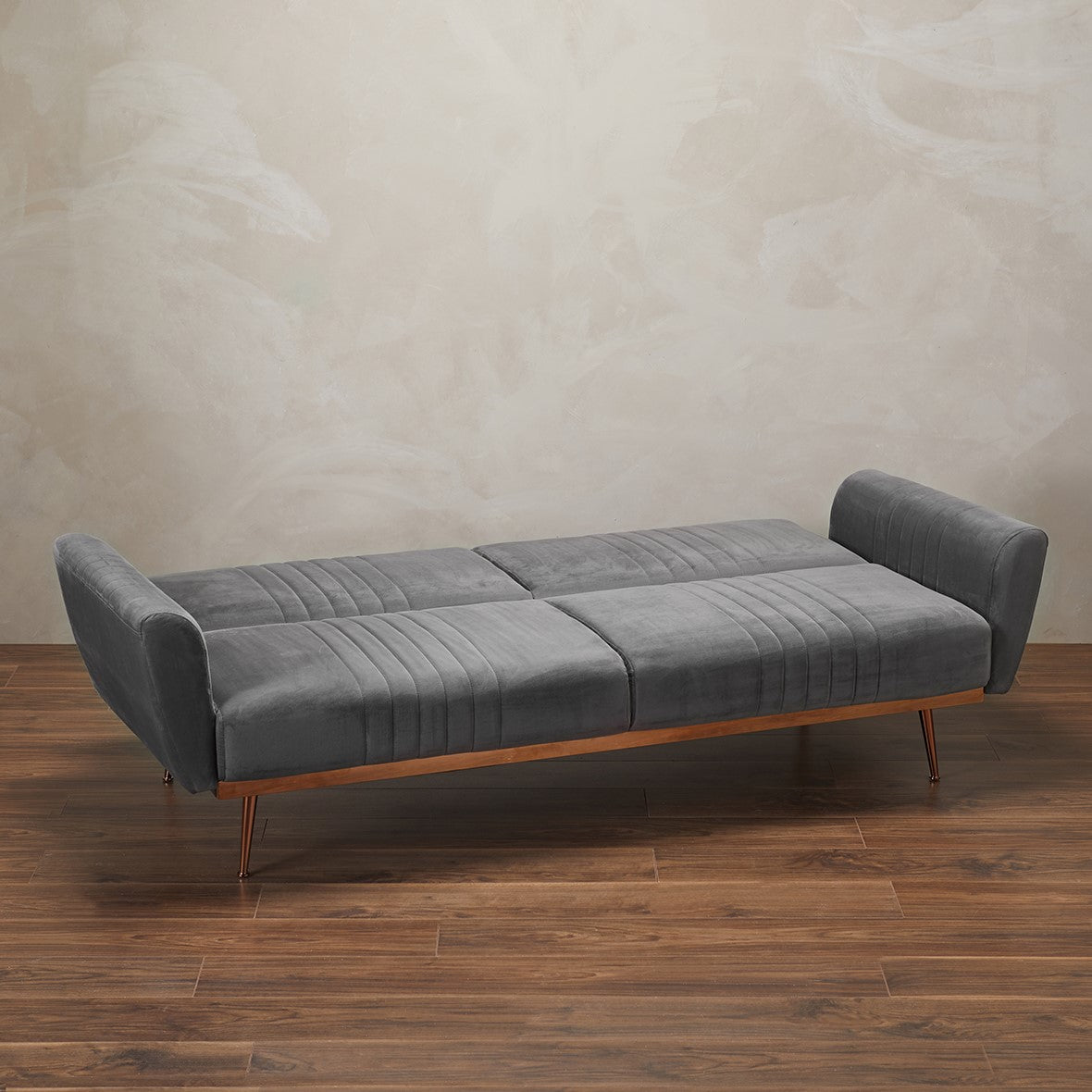 Grey Velvet Upholstered 3 Seater Sofa Bed with Gold Legs and Curved Armrests
