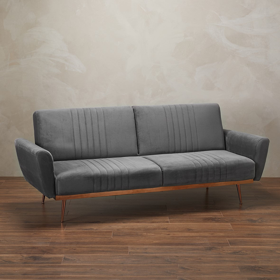 Grey Velvet Upholstered 3 Seater Sofa Bed with Gold Legs and Curved Armrests
