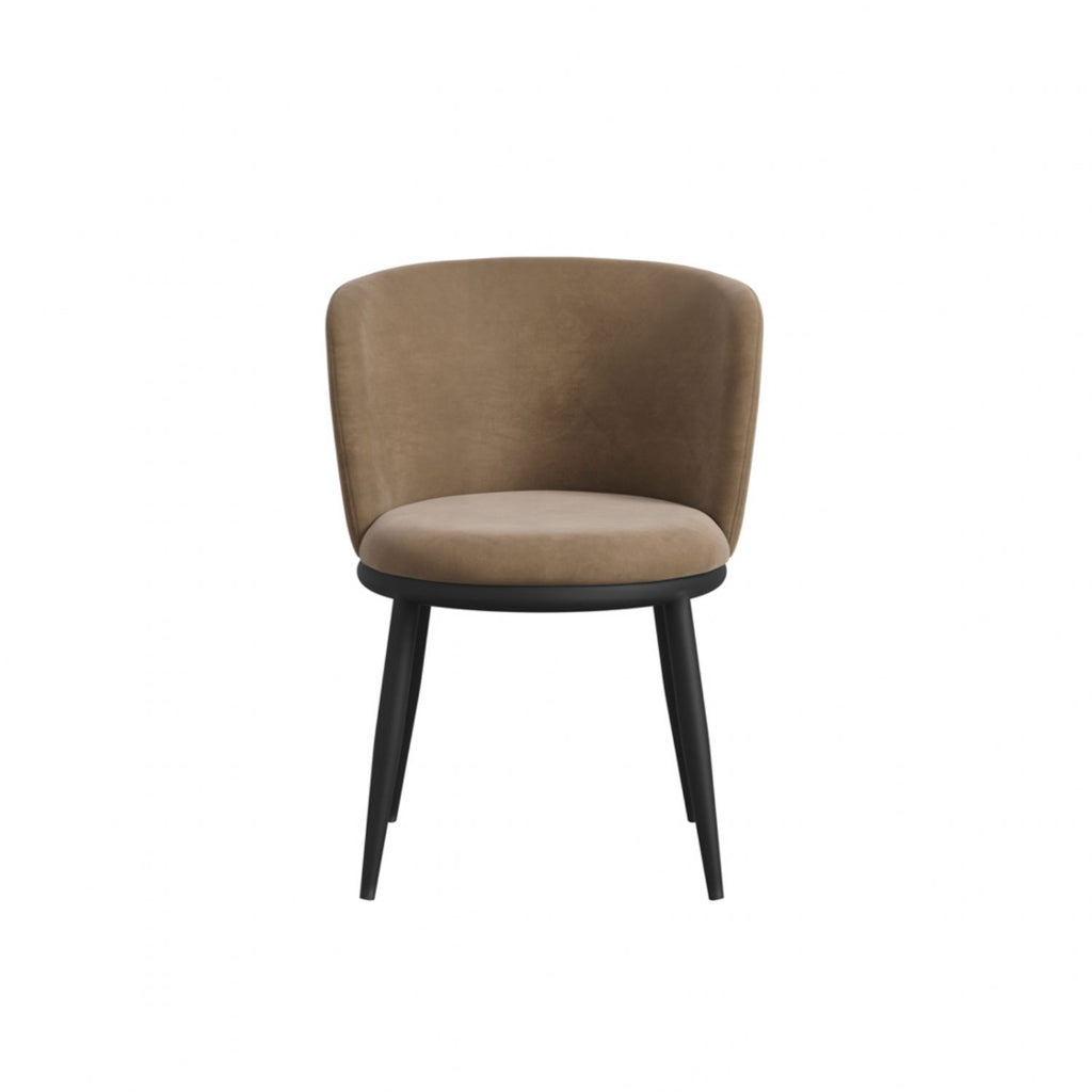 Modern Tan Boucle Upholstered Dining Chair with Black Metal Legs