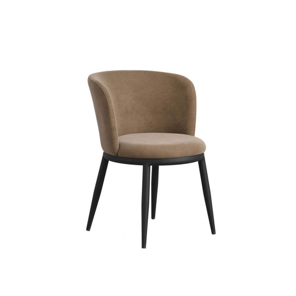 Modern Tan Boucle Upholstered Dining Chair with Black Metal Legs