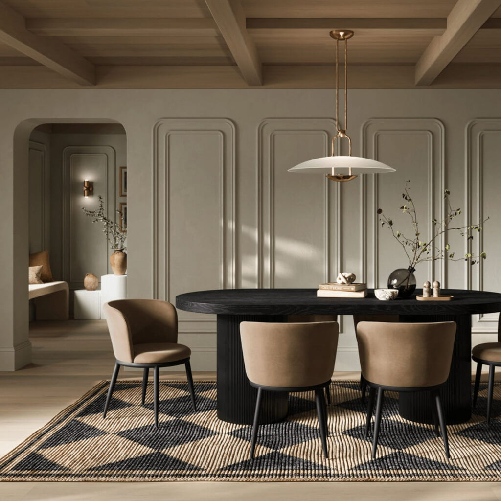 Modern Tan Boucle Upholstered Dining Chair with Black Metal Legs