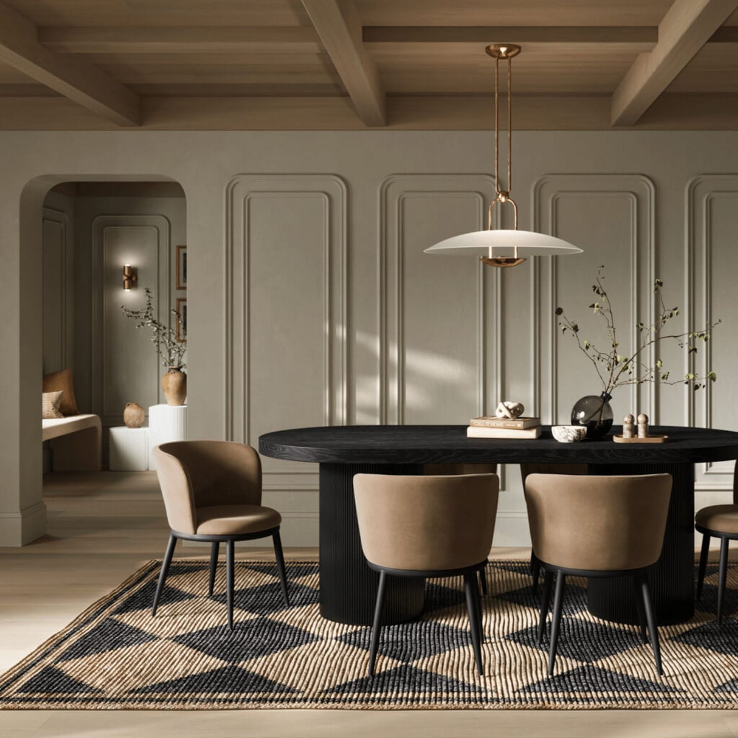 Modern Tan Boucle Upholstered Dining Chair with Black Metal Legs