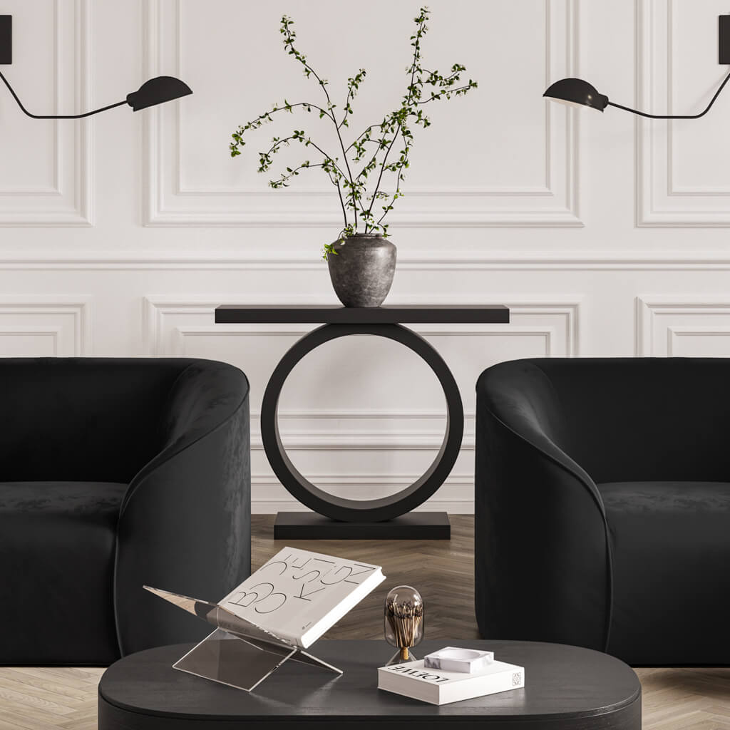 Modern Matte Black Finish Console Hall Table with Circle Base