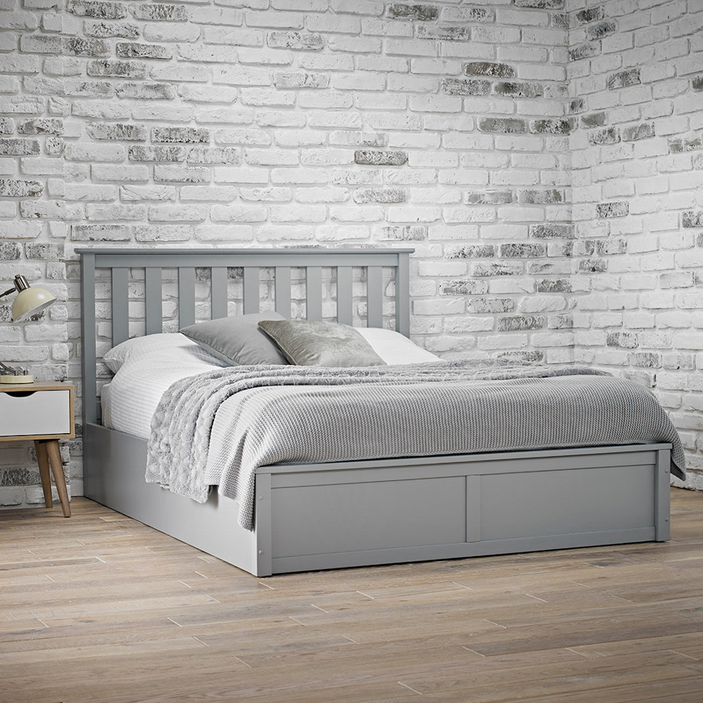 Grey Ottoman 5ft King Size Bed with Slatted Headboard and Lift Up Storage