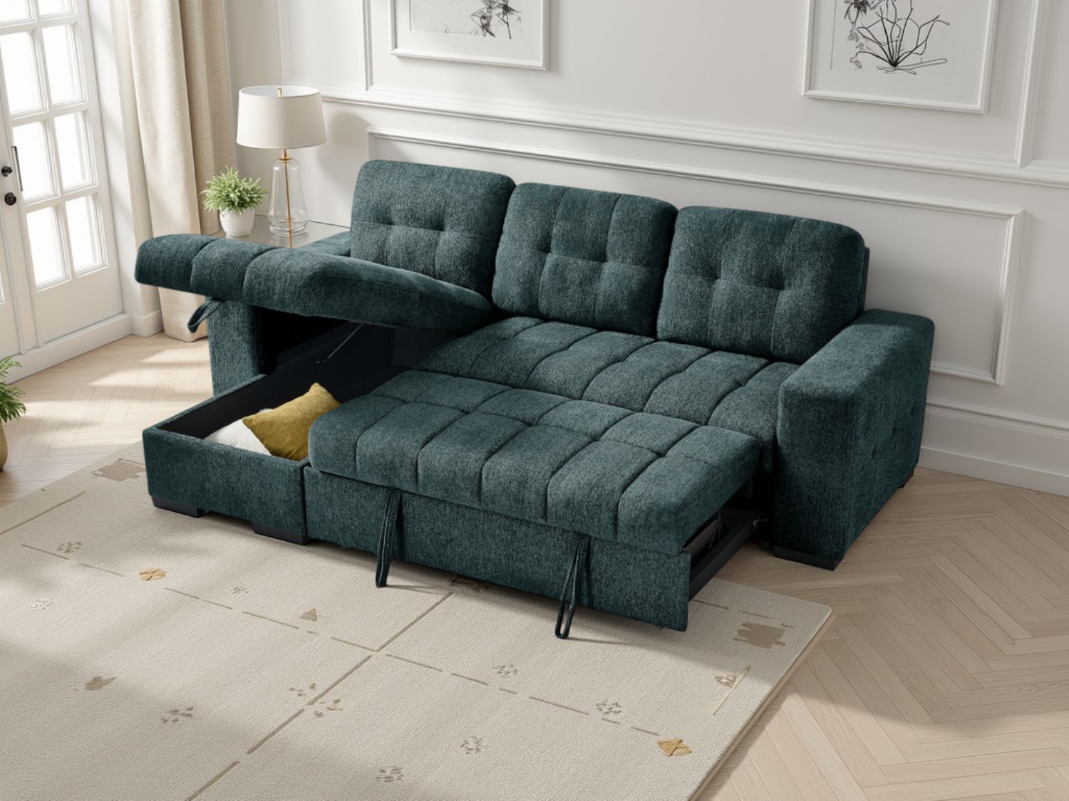 Teal Fabric Universal Corner Chaise Sofabed